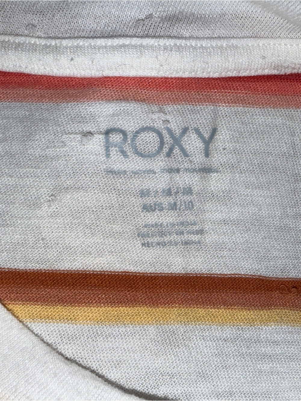 Roxy Women’s White Striped Pocket Tee with Red & Mustard Accents, Size Medium - Picture 3 of 4